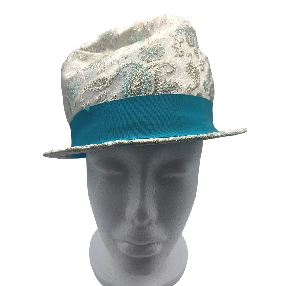 Vintage Cloche Bucket Hat Cream Teal Paisley‎ 40's pasadena USA